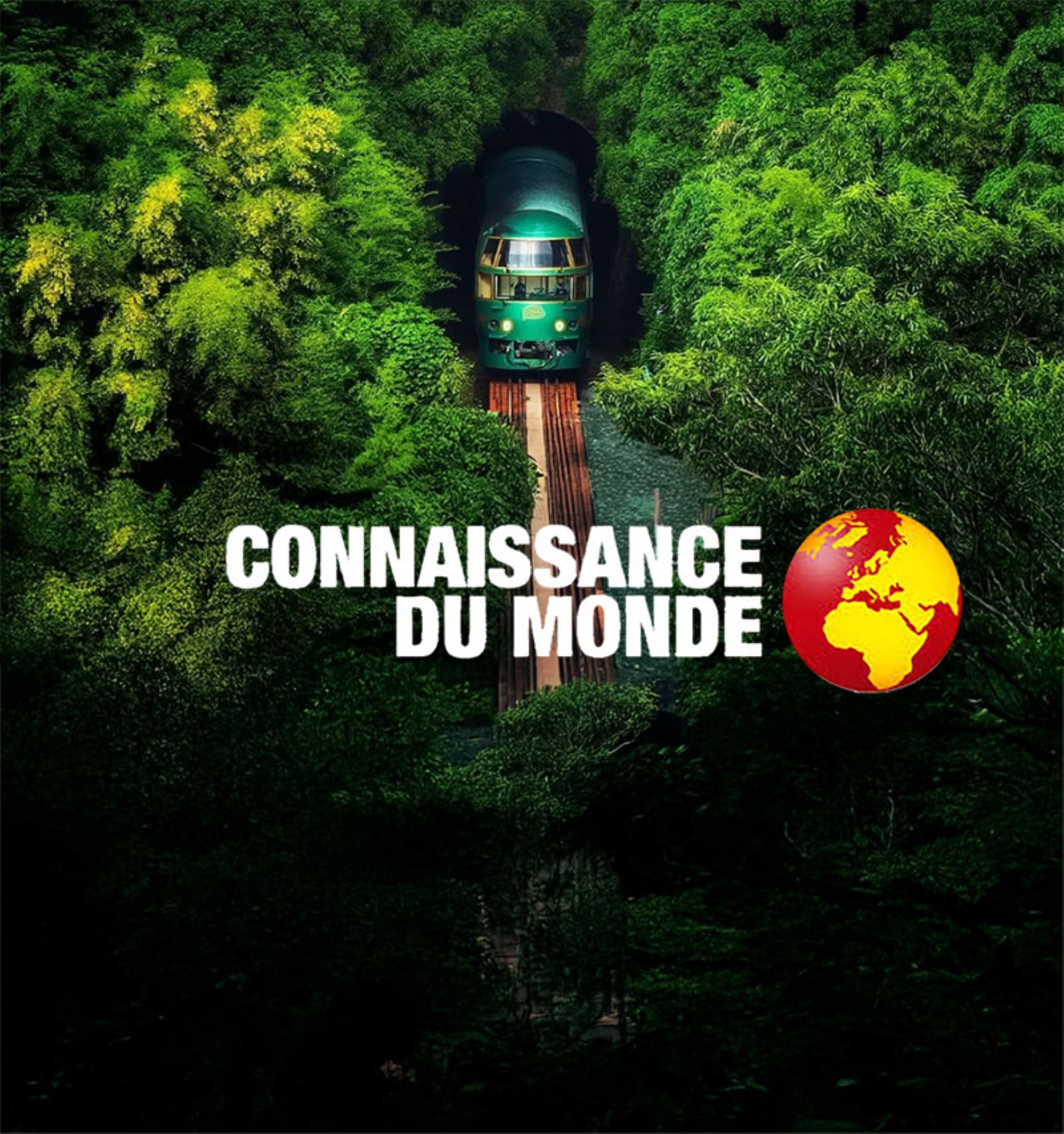 Logo de Connaissance du Monde, un train qui circule en pleine forêt et un globe terrestre