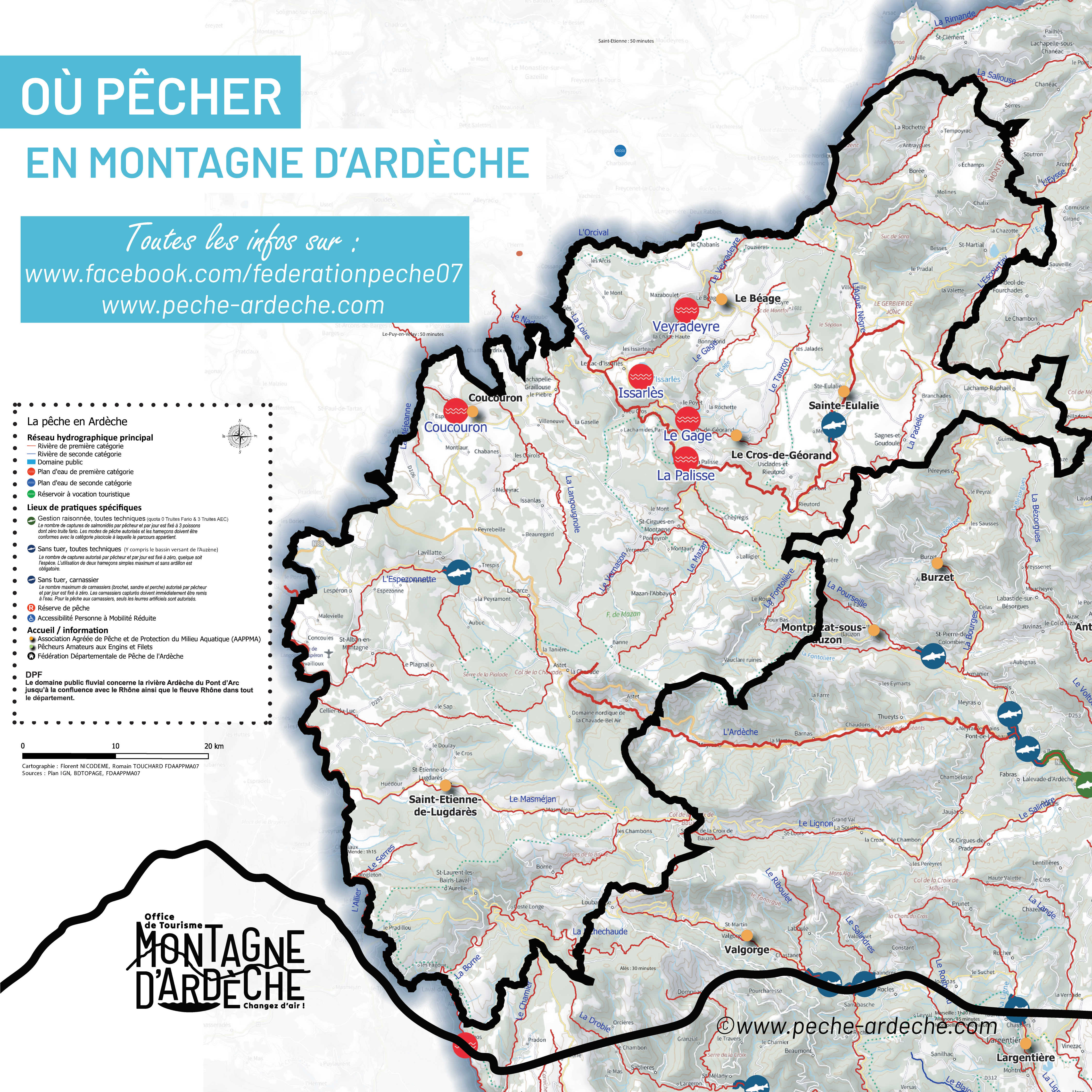 où pêcher en Montagne d'Ardèche. Carte de l'Ardèche de la Fédération depêche avec cours d'eau et plan d'eau (lac) où l'on peut pêcher en catégorie un ou deux et pêche spécifique